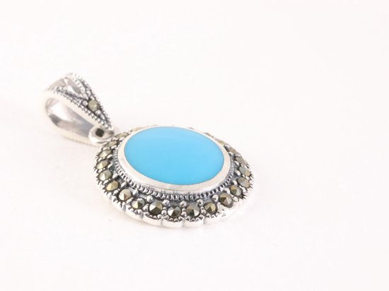 Ovale zilveren hanger met blauwe turkoois en marcasiet afbeelding 2