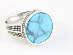 Bewerkte ronde zilveren ring met blauwe turkoois afbeelding 1