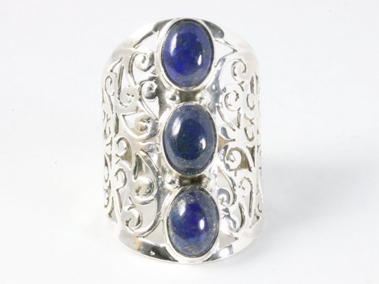 Langwerpige opengewerkte zilveren ring met lapis lazuli afbeelding 4