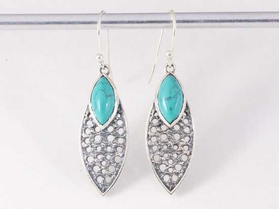 Lange opengewerkte zilveren oorbellen met turkoois afbeelding 4