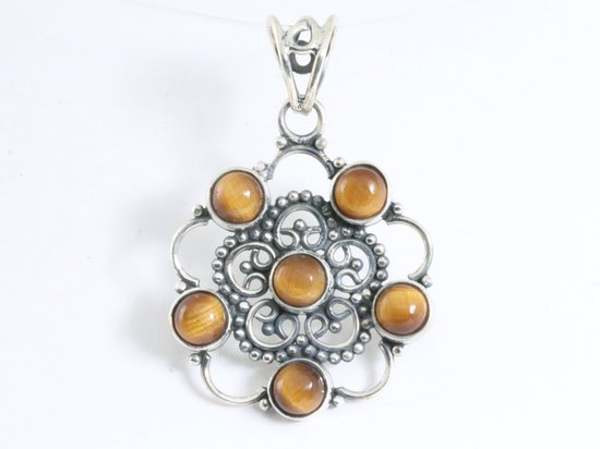 Opengewerkte zilveren hanger met tijgeroog afbeelding 1