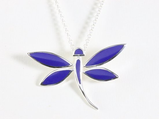 Grote zilveren libelle hanger met lapis lazuli aan ketting afbeelding 4