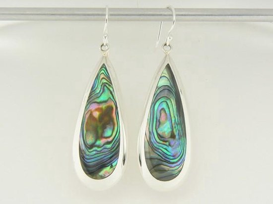 Grote druppelvormige zilveren oorbellen met abalone schelp afbeelding 4
