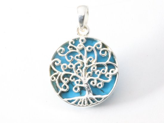 Fijne ronde zilveren hanger met levensboom op blauwe turkoois afbeelding 4