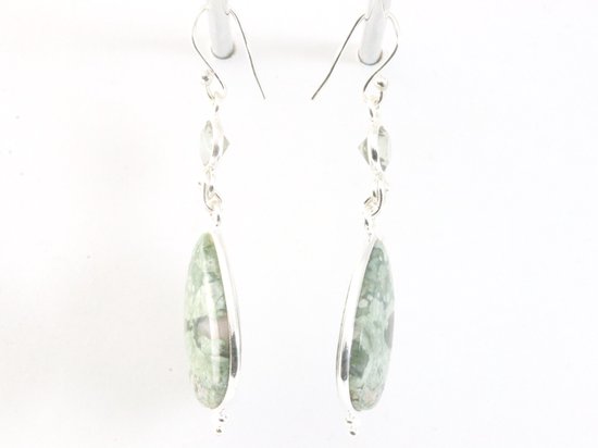 Lange zilveren oorbellen met rhyoliet jaspis en groene amethist afbeelding 2