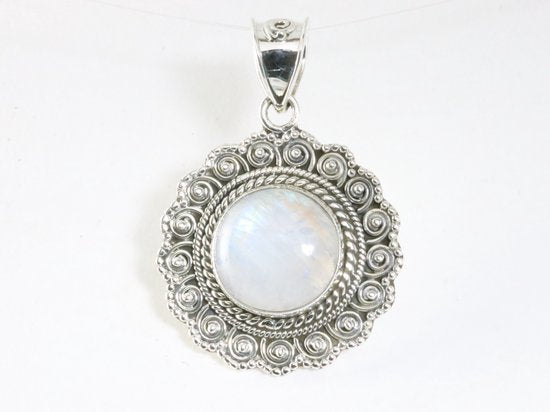 Ronde bewerkte zilveren hanger met regenboog maansteen afbeelding 1