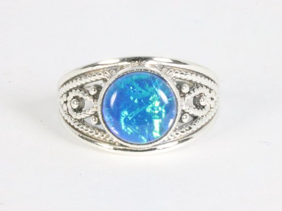 Opengewerkte zilveren ring met blauwe opaal afbeelding 4