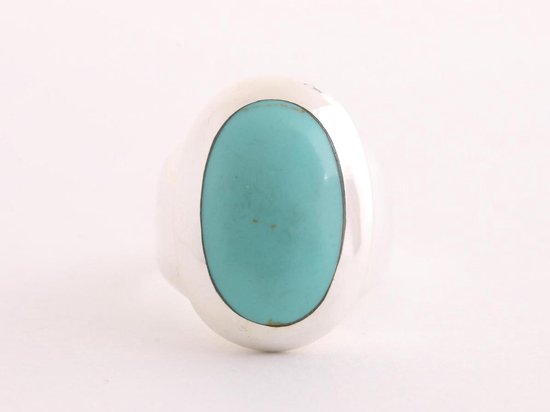 Grote ovale hoogglans zilveren ring met groene turkoois afbeelding 4