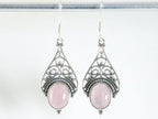 Lange opengewerkte zilveren oorbellen met rozenkwarts afbeelding 3