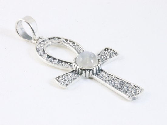 Bewerkte zilveren ankh hanger met regenboog maansteen afbeelding 2