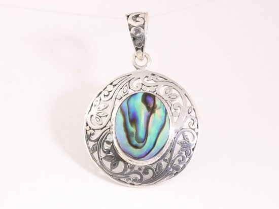 Ronde opengewerkte zilveren hanger met abalone schelp afbeelding 1