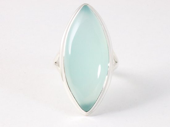 Langwerpige hoogglans zilveren ring met aqua chalcedoon afbeelding 4