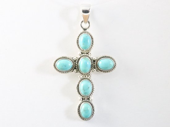 Bewerkte zilveren kruishanger met Arizona turkoois afbeelding 4