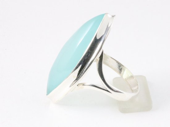 Langwerpige hoogglans zilveren ring met aqua chalcedoon afbeelding 2