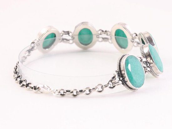Zware bewerkte zilveren armband met grote smaragd stenen afbeelding 3