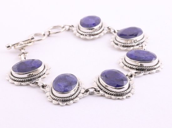 Zware bewerkte zilveren armband met grote blauwe saffier stenen afbeelding 2