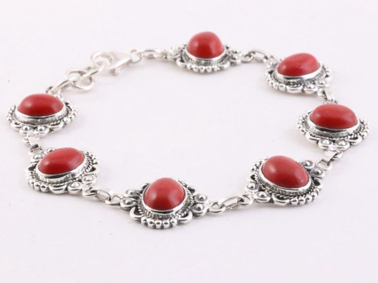 Bewerkte zilveren schakelarmband met rode koraal stenen afbeelding 2