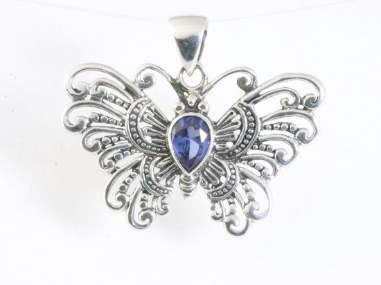 Zilveren vlinder hanger met blauwe saffier afbeelding 4