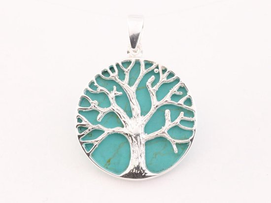 Ronde zilveren hanger met levensboom op groene turkoois afbeelding 4