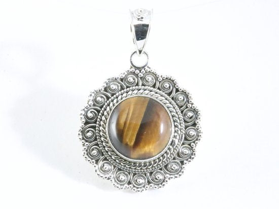 Ronde bewerkte zilveren hanger met tijgeroog afbeelding 4