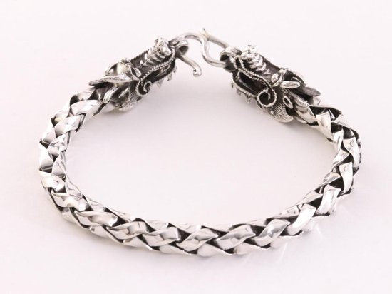 Zware zilveren armband met drakenkoppen en schubbenschakels afbeelding 3