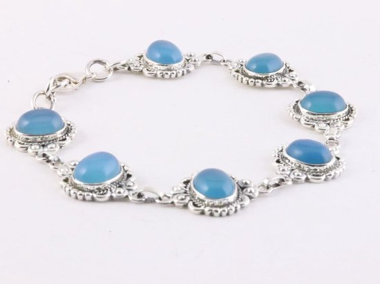 Bewerkte zilveren schakelarmband met blauwe chalcedoon afbeelding 2
