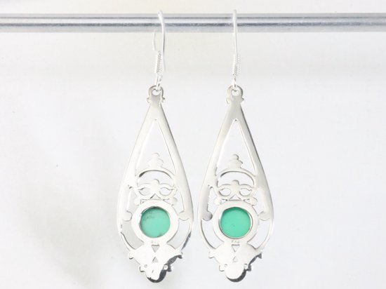 Lange opengewerkte zilveren oorbellen met jade afbeelding 2
