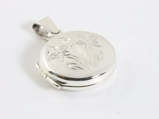 Fijn rond zilveren medaillon met bloemengravering afbeelding 2