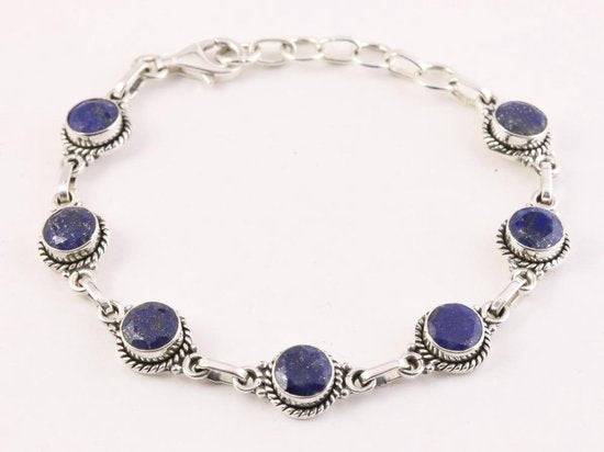 Bewerkte zilveren schakelarmband met gefacetteerde lapis lazuli afbeelding 1