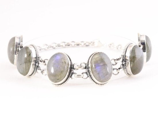 Zware bewerkte zilveren armband met grote labradoriet stenen afbeelding 1