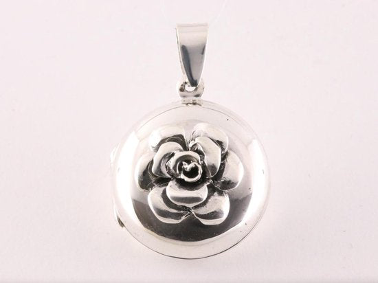 Rond hoogglans zilveren medaillon met bloem afbeelding 4