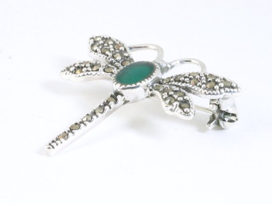 Zilveren libelle broche met jade en marcasiet afbeelding 2