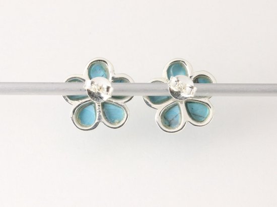 Bloemvormige zilveren oorstekers met blauwe turkoois afbeelding 3