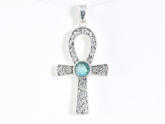Bewerkte zilveren ankh hanger met blauwe topaas afbeelding 4