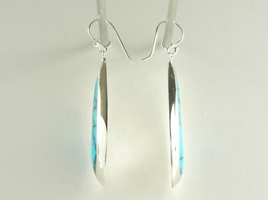 Grote druppelvormige zilveren oorbellen met blauwe turkoois afbeelding 2