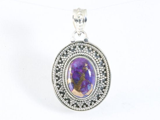 Bewerkte ovale zilveren hanger met paarse koperturkoois afbeelding 4