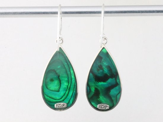 Druppelvormige zilveren oorbellen met libelle op abalone schelp afbeelding 2