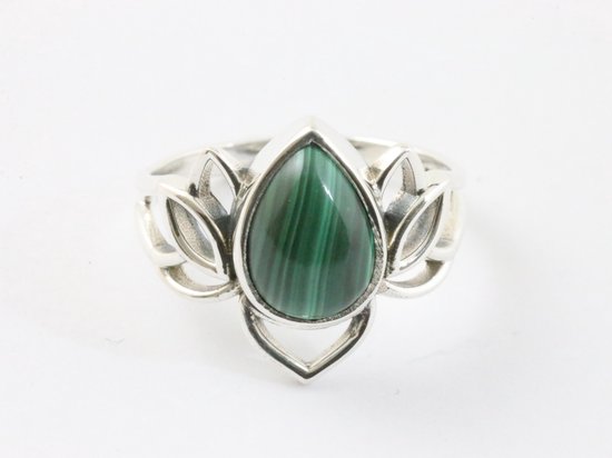 Opengewerkte zilveren lotus bloem ring met malachiet afbeelding 4