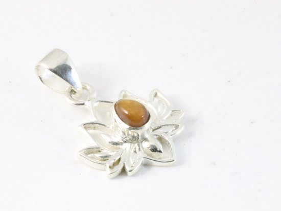 Fijne zilveren lotus hanger met tijgeroog aan ketting afbeelding 2