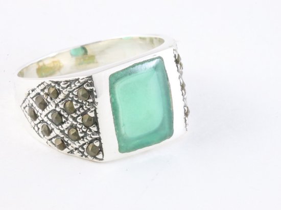 Zilveren zegelring met groene agaat en marcasiet afbeelding 1