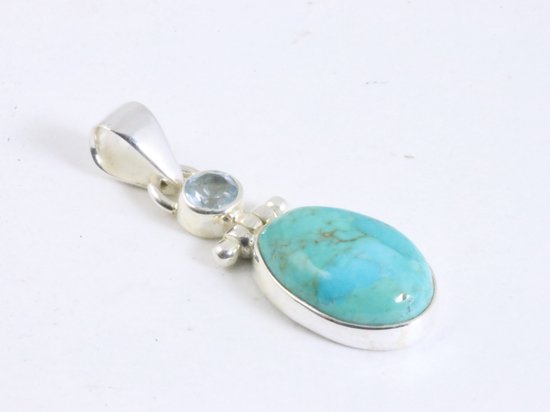 Zilveren hanger met groene Mohave turkoois en blauwe topaas aan ketting afbeelding 2