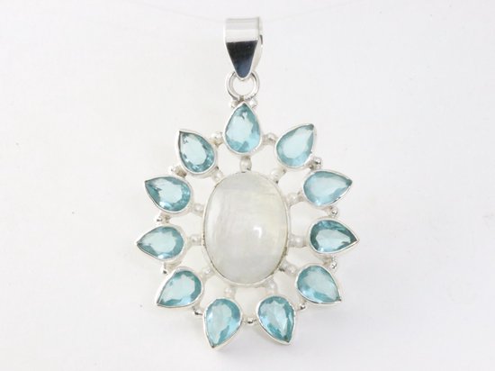 Grote opengewerkte zilveren hanger met regenboog maansteen en blauwe topaas afbeelding 4