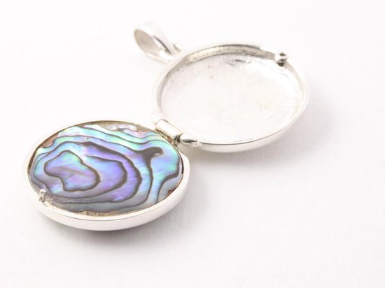 Rond bewerkt zilveren medaillon met abalone schelp afbeelding 5