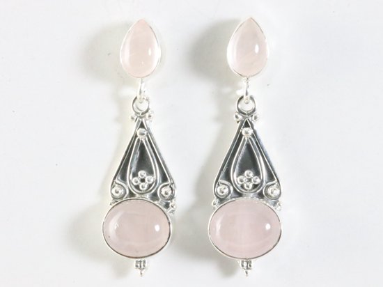 Lange bewerkte zilveren oorstekers met rozenkwarts afbeelding 3