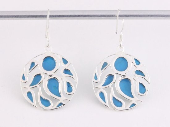 Ronde opengewerkte zilveren oorbellen met blauwe turkoois afbeelding 3