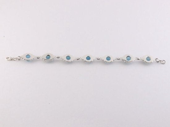 Bewerkte zilveren schakelarmband met blauwe chalcedoon afbeelding 3