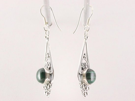 Lange opengewerkte zilveren oorbellen met malachiet afbeelding 2