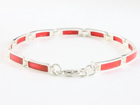Hoogglans zilveren armband met rode koraal steen afbeelding 2