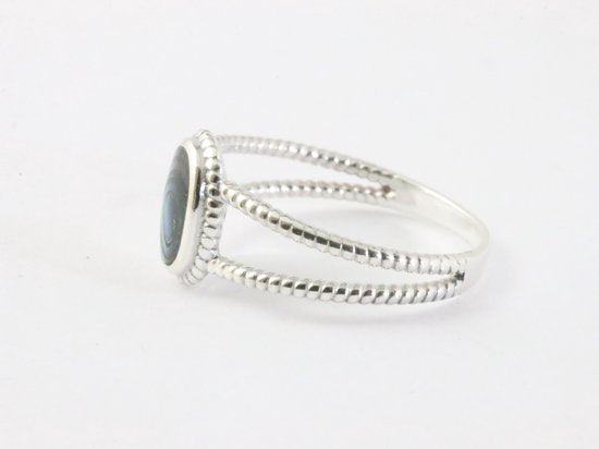 Fijne opengewerkte zilveren ring met abalone schelp afbeelding 2