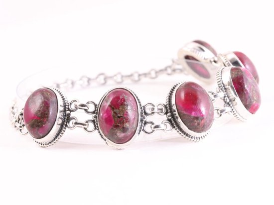 Zware bewerkte zilveren armband met grote rode koperturkoois stenen afbeelding 2